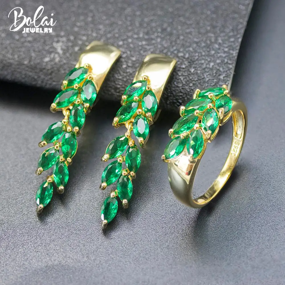 

Bolai Russian Nano Emerald Leaf Jewelry Sets 925 Sterling Silver Created Green Gemstone Dangle Earrings Ring for Women's Summer