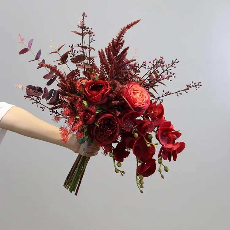 JaneVini Винтаж темно красные шелковые цветы свадебного букеты Искусственные пион