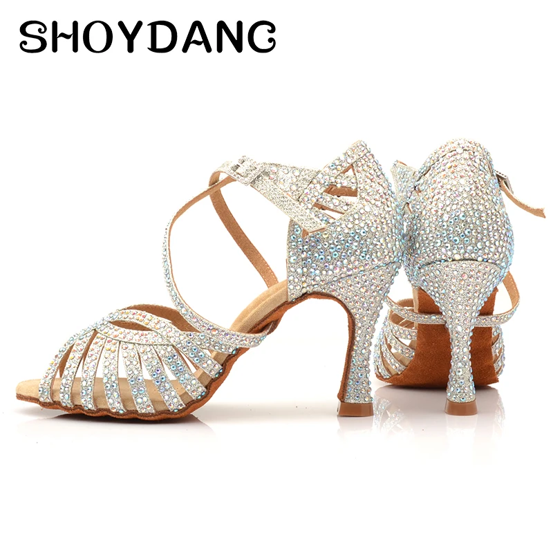 Новинка туфли для латинских танцев женские бальных с серебряными стразами