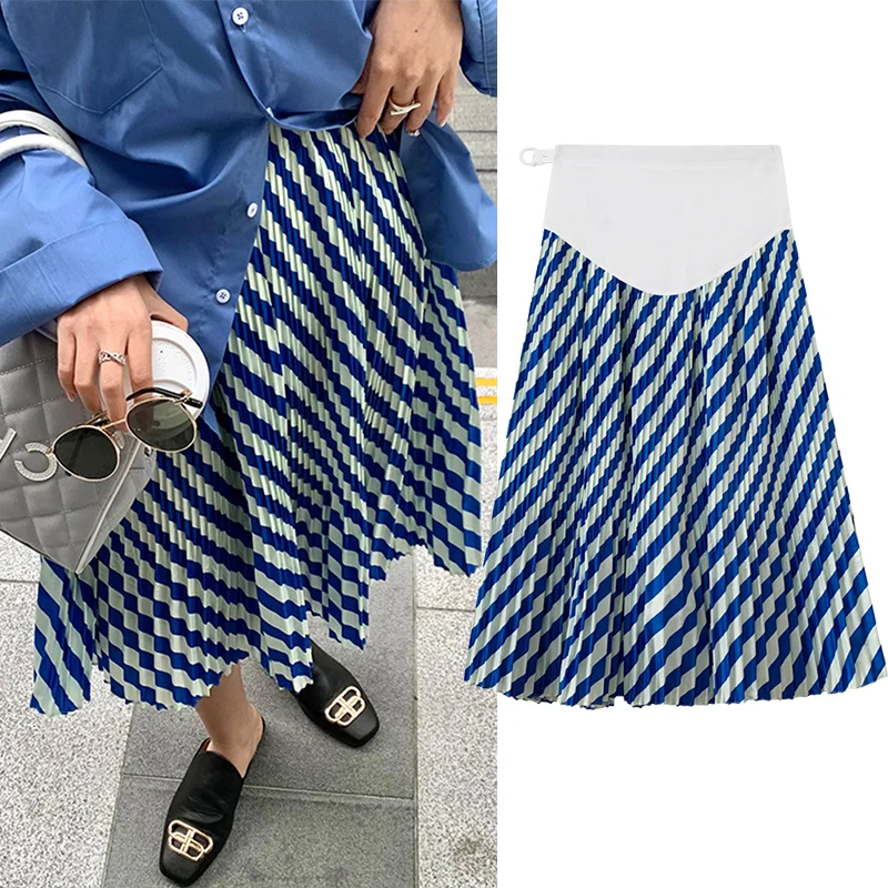 

8898# Summer Cool Ice Feel Strip Chiffon Maternity Skirts Elastic Waist Belly A Line Loose Clothes for Pregnant Women Pregnancy