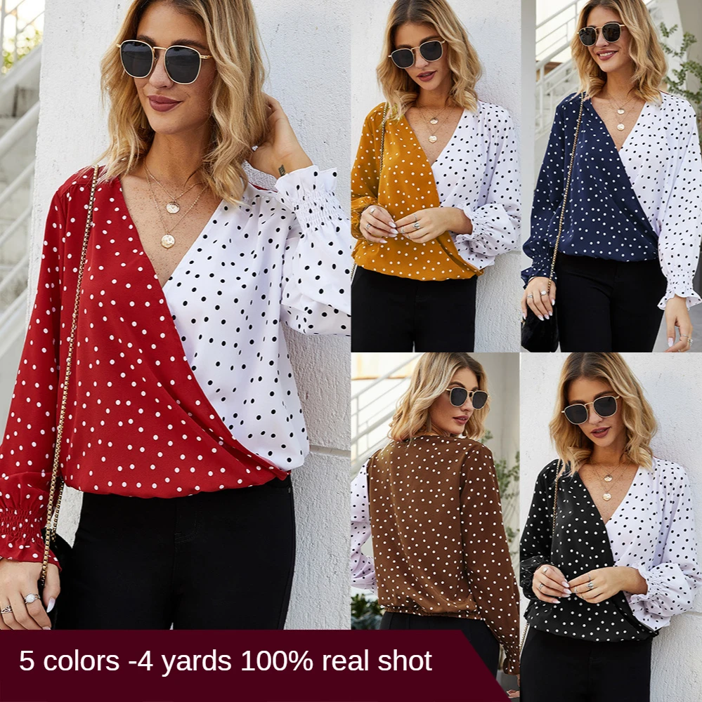 

Spring and summer women's stitching polka dot long-sleeved shirt casual shirt women