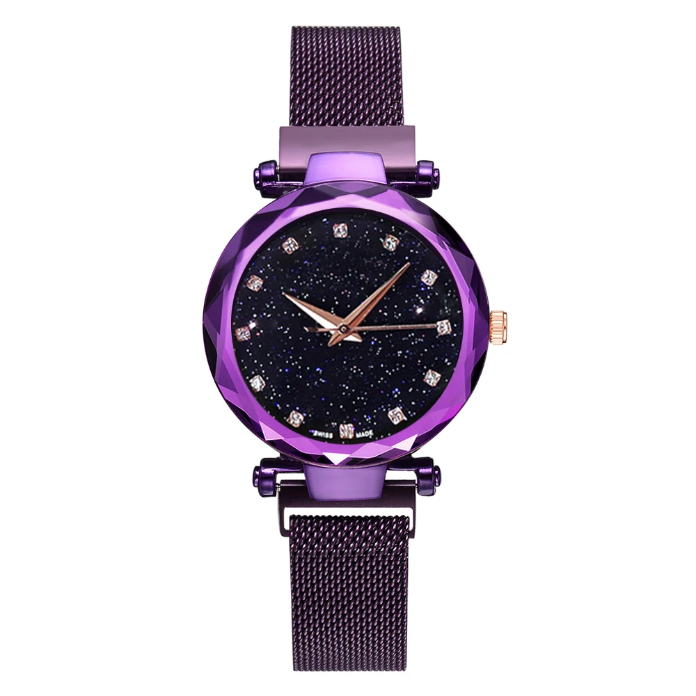 

Top Brand Watches For Women Rose Gold Mesh Magnet Buckle Starry Quartz Watch Geometric Surface Casual Women Quartz Wristwatch