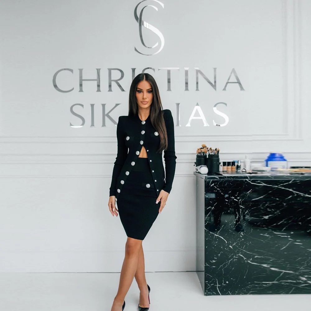 

2020 Women Black Button Elegant Long Sleeve Sexy Hollow Out Bodycon Vestidos Wedding Good Quality Party Celebrity Vestidos