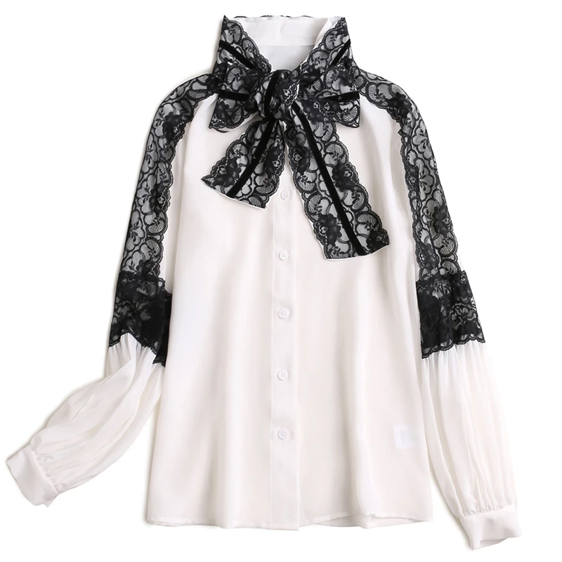 100% чистый шелк женские Подиумные рубашки воротник-бант длинные рукава кружева