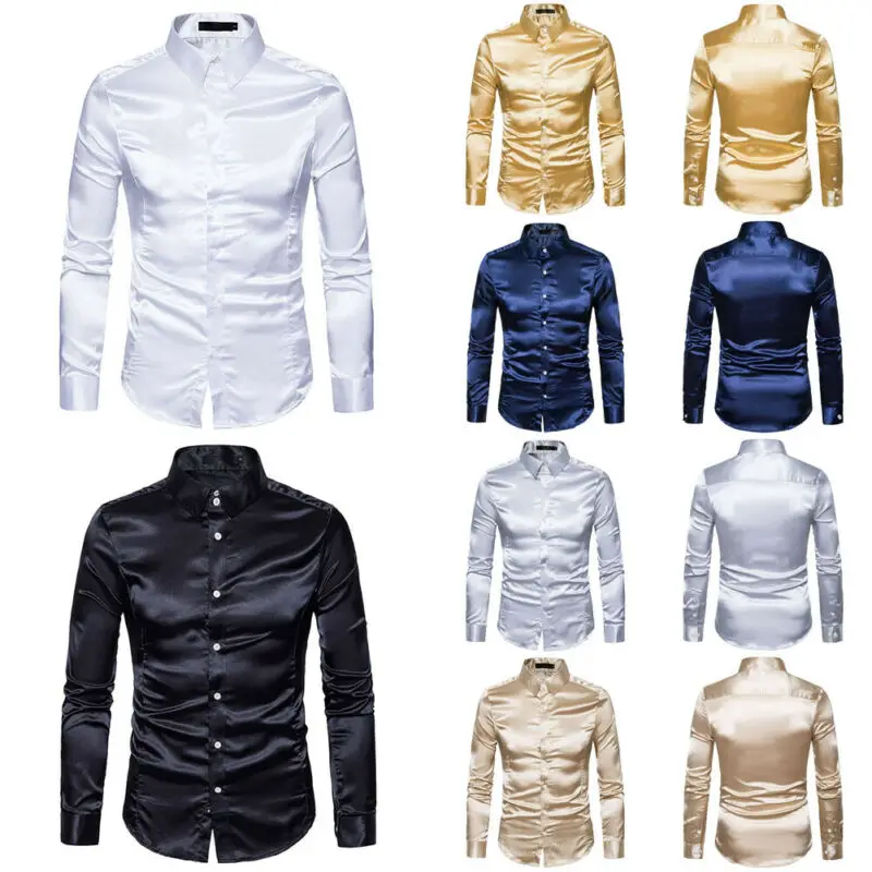 Мужская шелковая атласная рубашка с длинным рукавом винтажное платье-смокинг на