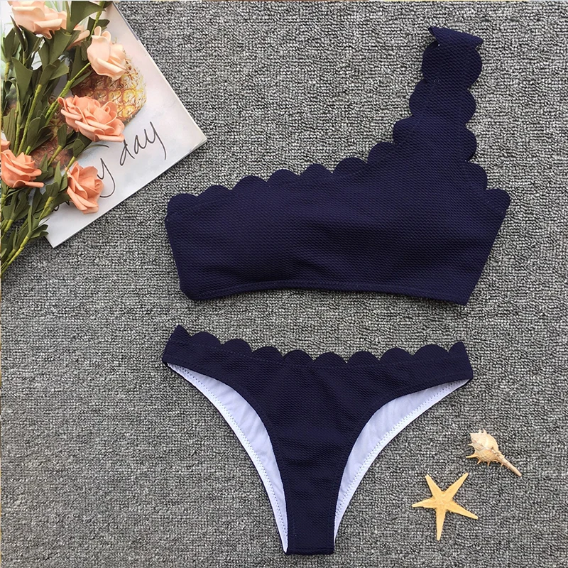 Одно плечо волнистые Одноцветный бикини набор Для женщин с лямкой на шее