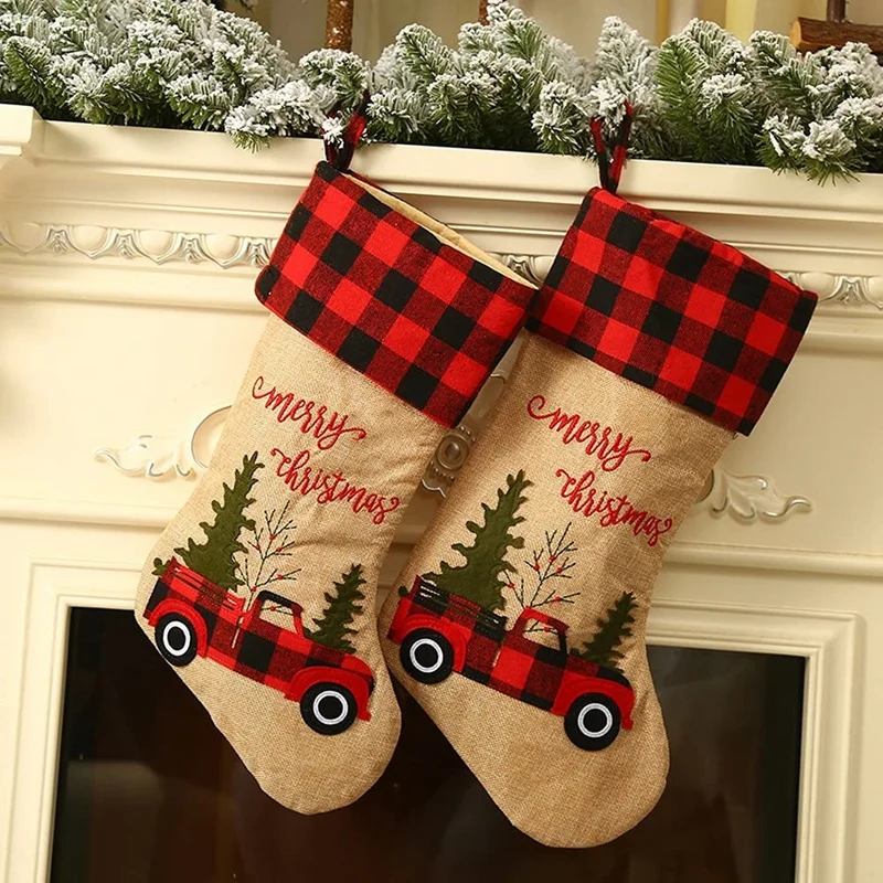 

2 Pcs Christmas Stockings Merry Christmas Embroidered Stockings with Red Truck and Plaid Cuff Fireplace Hanging Stocking