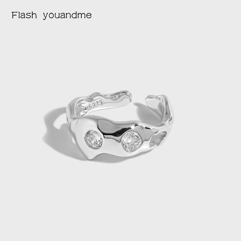 

Flash youandme 925 Sterling Silver Glossy Open Rings Minimalist Irregular Surface AAA Zircon Inlaid Wedding Finger Rings Jewelry