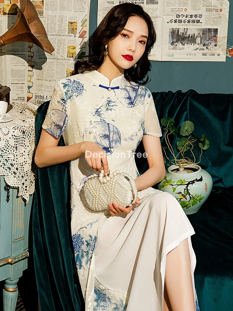 

2022 women chinese style cheongsam aodai floral print wedding party evening dress short sleeve dress qipao elegant party dress