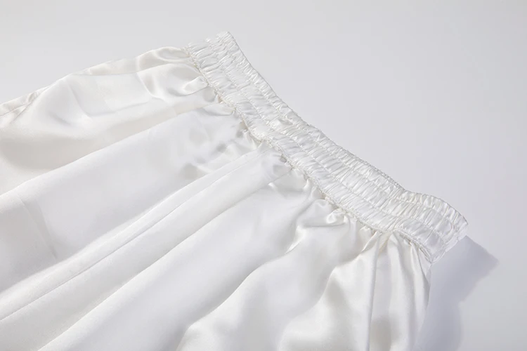 Women's 100% Pure Silk 23mm Thick Satin Silk White Elastic Waist Wide Leg Long Pants Trousers  JN555