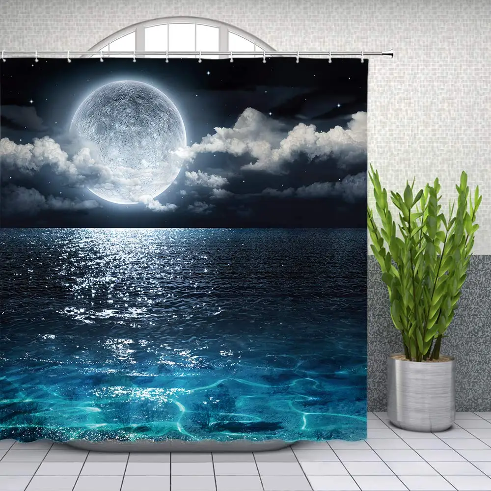 

Moon Shower Curtain Full Moon Over Sea Ocean Clouds Planet Star Sky Dreamy Night Scene Black Red Bathroom Curtains Decor
