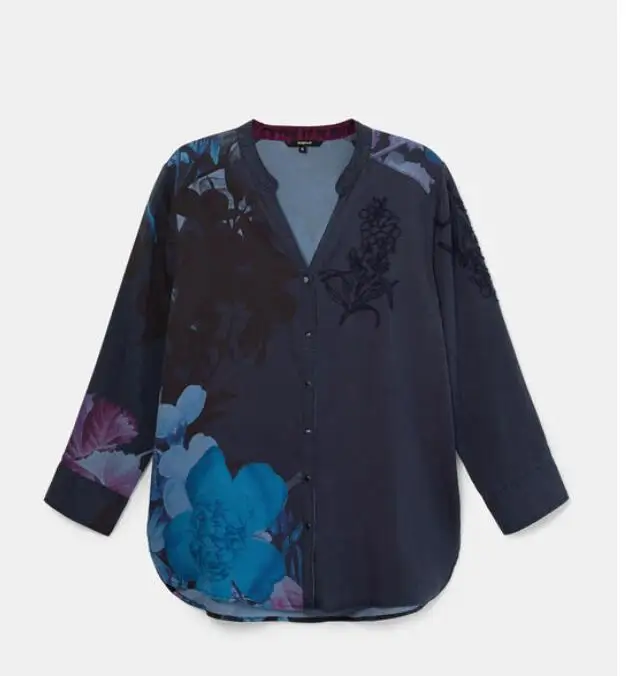 

Spanish Desigual Foreign Trade Sand-washed Made Old Printed Embroidered V-neck Open Shirt Long Sleeved Breather Top for Ladies