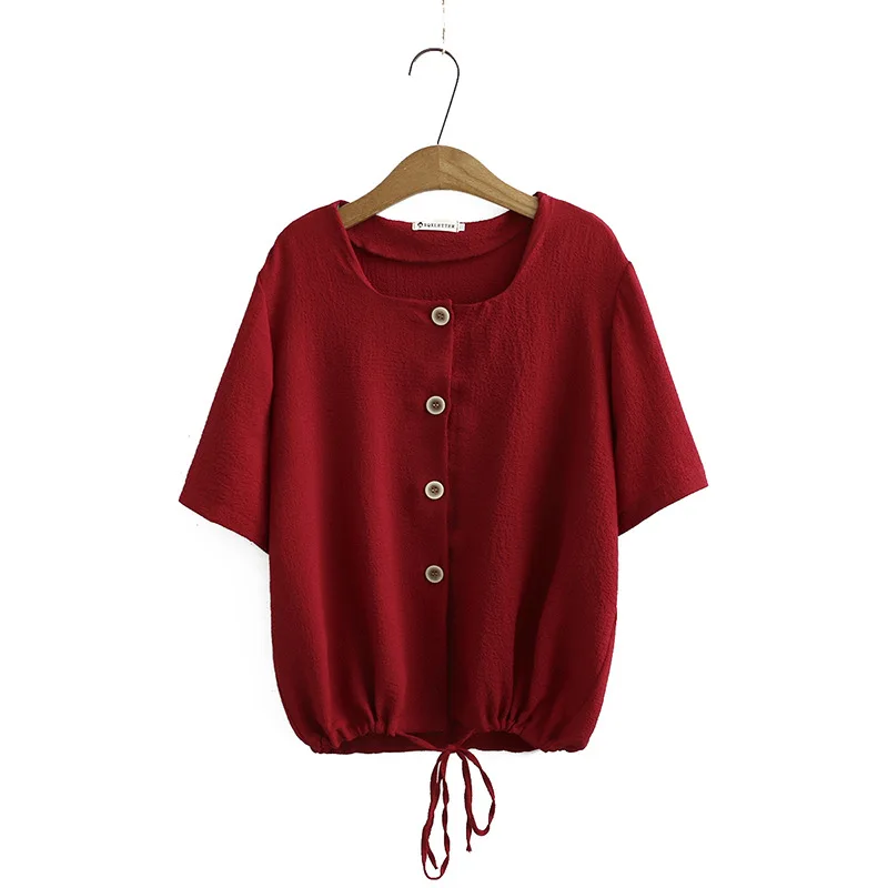 

New 2021 Ladies Summer Plus Size Top For Women Large Short Sleeve Casual Loose Drawstring Cotton Button Shirt 3XL 4XL 5XL 6XL