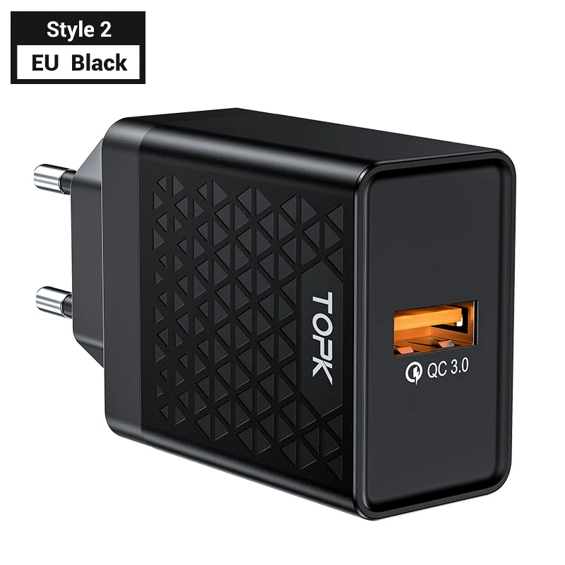EU Black for Style 2 TOPK B154Q 18 Вт Быстрая зарядка 3,0 Быстрая зарядка для мобильных телефонов с европейской вилкой настенное USB зарядное устройство адаптер для iPhone samsung Xiaomi huawei - Тип штекера: EU Black for Style 2