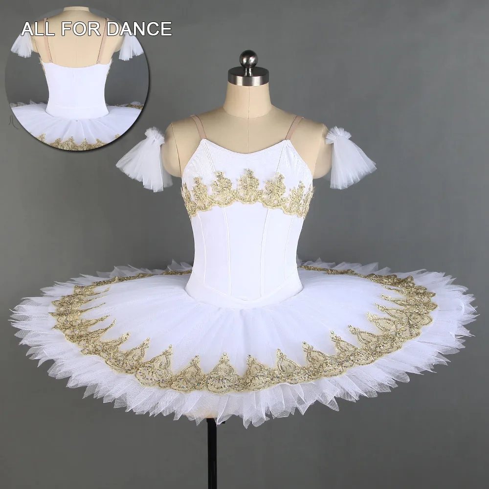 

All For Dance White Velvet Bodice With Gold Diamonds Trim Pre-professional Ballet Pancaked Dance Costume Ballerina Dance Tutu