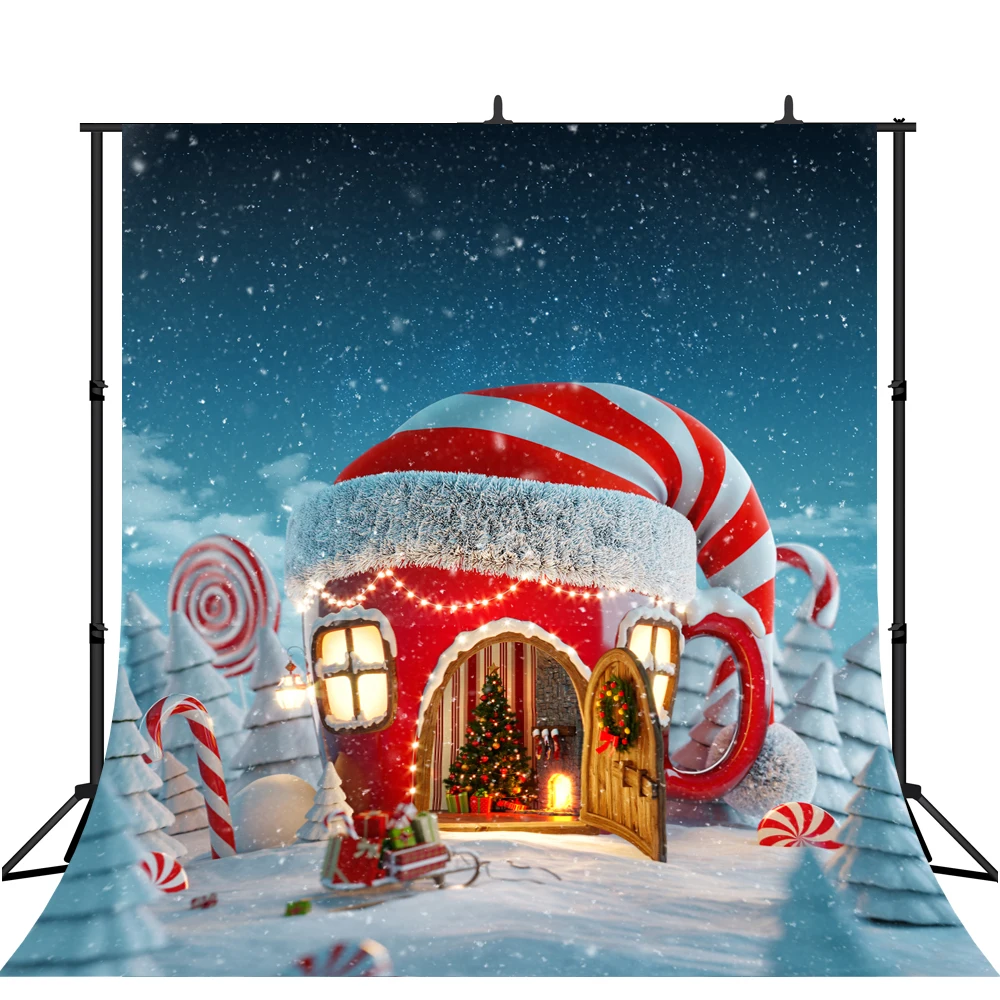 Фон Lyavshi для фотостудии рождественские конфеты трости дом Зимний снег фарии