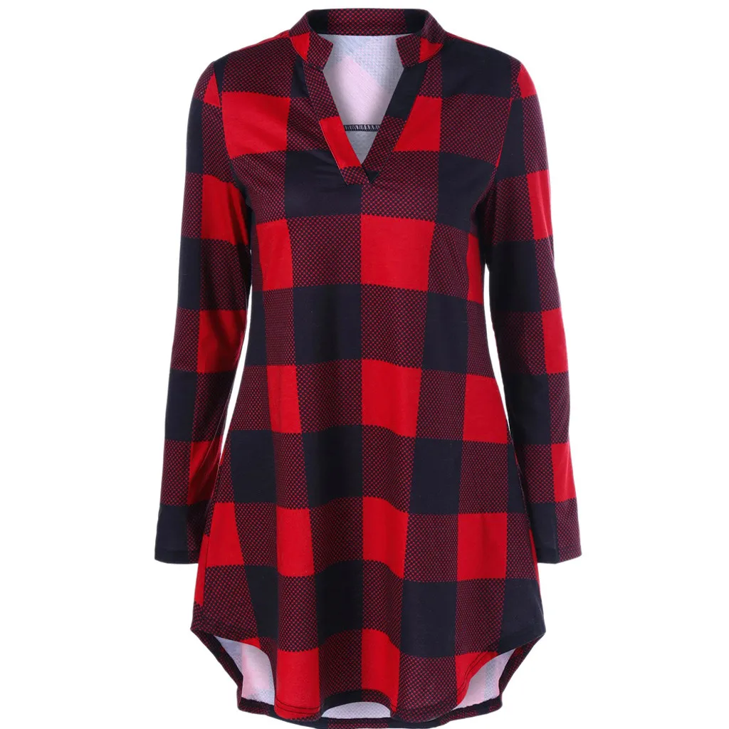 Блузка женская летняя в клетку с V-образным вырезом и длинным рукавом |