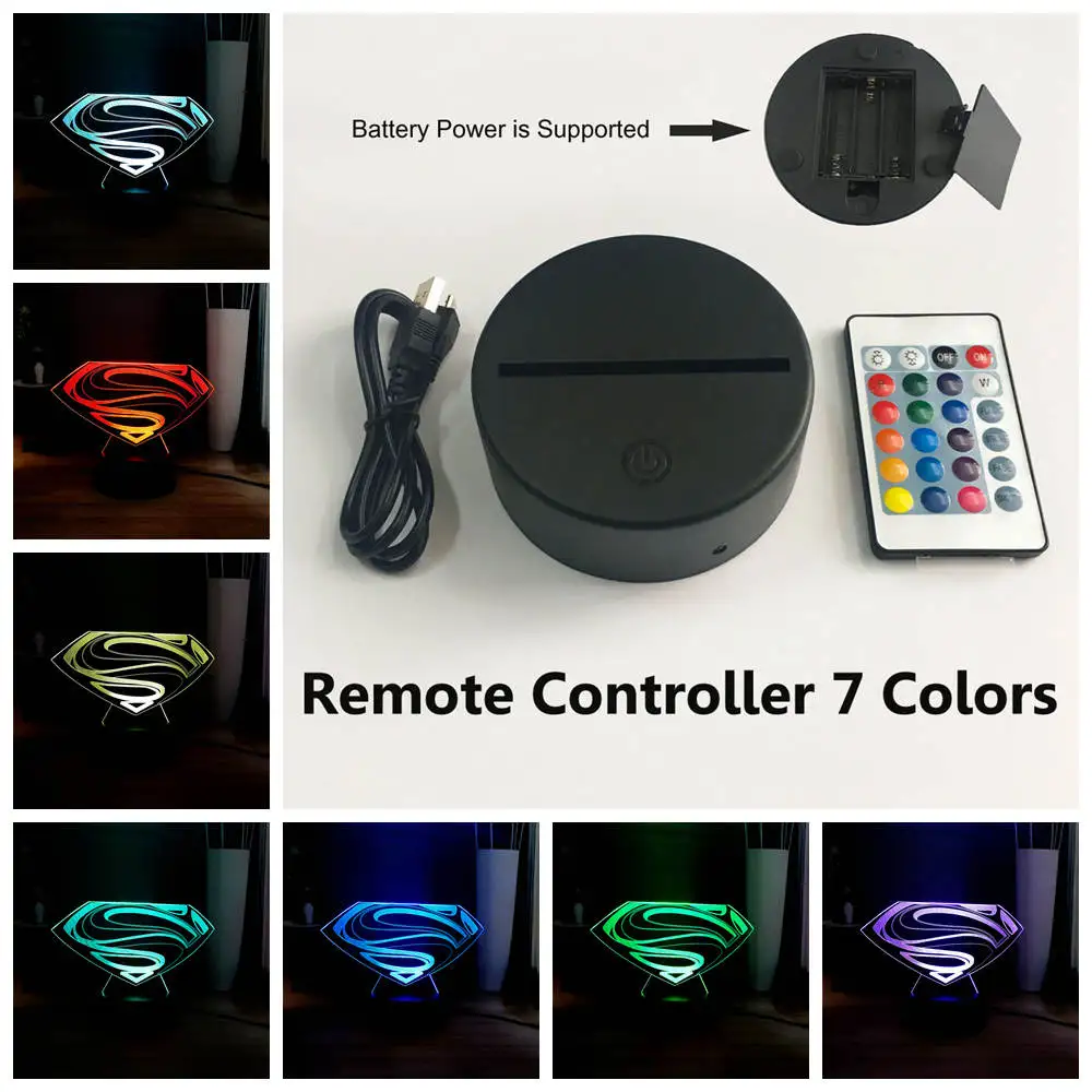USB Remote 7 Colors Светодиодный Ночной светильник с логотипом Супермена, символ Marvel, RGB, многоцветная USB, мини-Сенсорная 3D визуальная настольная лампа, вентиляторы фильмов, Подарочная игрушка - Испускаемый цвет: USB Remote 7 Colors