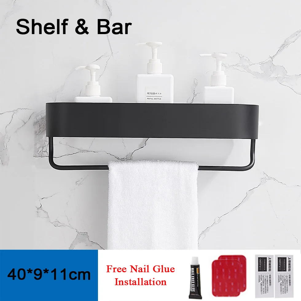 Shelf with Bar 40cm Черная полка для ванной комнаты с баром 30 \ 40 \ 50 см, плавающие полки для кухни, балкона, корзина для хранения полотенец - Цвет: Shelf with Bar 40cm