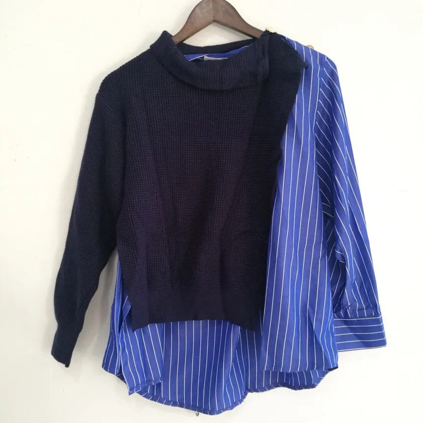 

Korean Chic 2020 Autumn High Collar Side Buttons Fake Two-piece Shirt Stitching Striped Bubble Sleeve Sweater Blue women