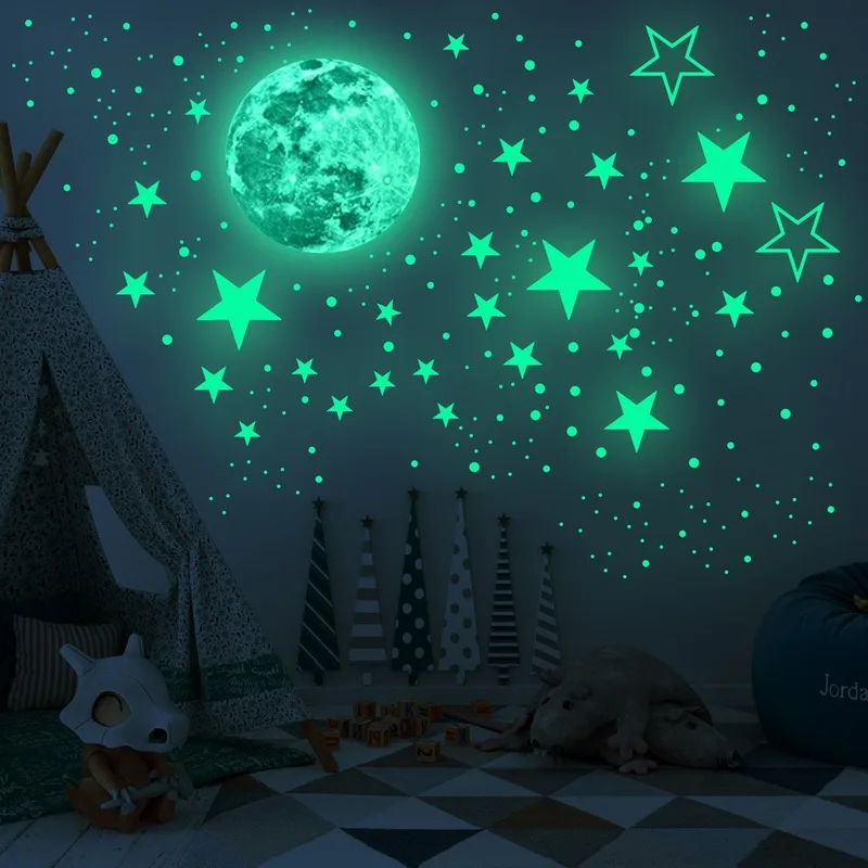 

Флуоресцентная наклейка, 30 см, светящаяся луна, светящаяся звезда, точка, 435 шт., украшение для детской комнаты, самоклеящаяся мультяшная Нак...