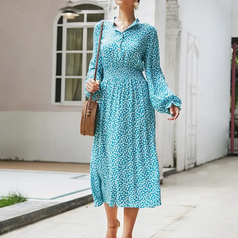 

Spring Summer Elegant Butterfly Sleeve Women's Floral Print A-line Dress 2021 New Full Sleeve Turn-down Collar Long Ladies Dress