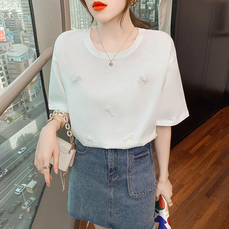 

Beaded Pure Cotton Breathable T-shirt 2021 Summer New Style Loose Wild Foreign Style Bottoming Shirt Girl Heart Top