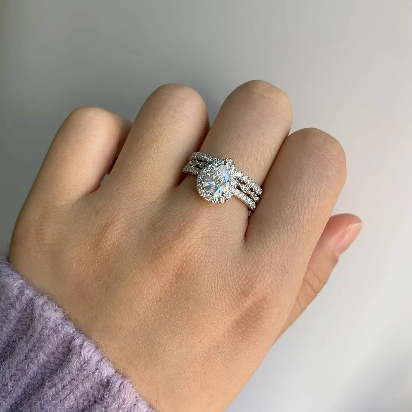 

Wuziwen 3 Pcs 925 Sterling Silver Wedding Engagement Rings Set For Women Pear Shape AAA Zircons Eternity Bands Size 5-12