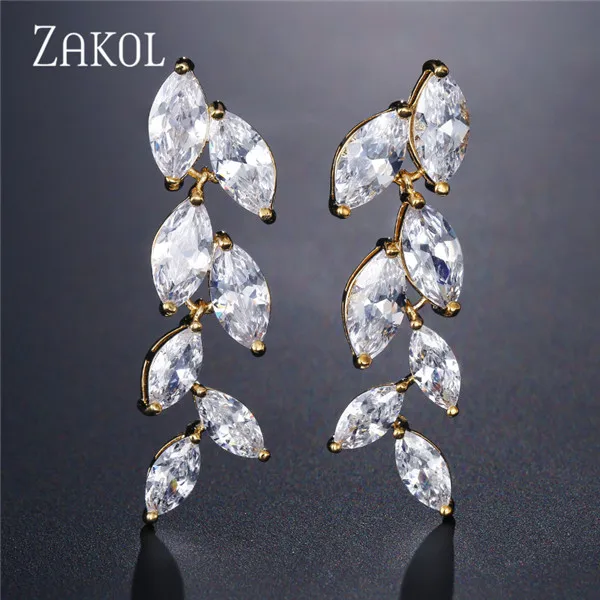 Gold Color ZAKOL, модные серьги-капли с огранкой маркиза, Белый AAA Фианит, циркон, кристалл, серьги в виде листьев золотого цвета для женщин, свадебные ювелирные изделия FSEP512 - Окраска металла: Gold Color