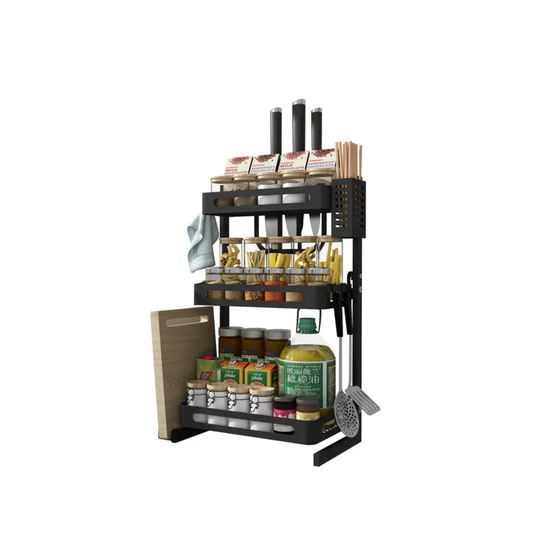 

Black Stainless Steel Kitchen Storage Rack Countertop Multilayer Seasoning Rack Spices Rack Shelf Kitchen Storage Organizer