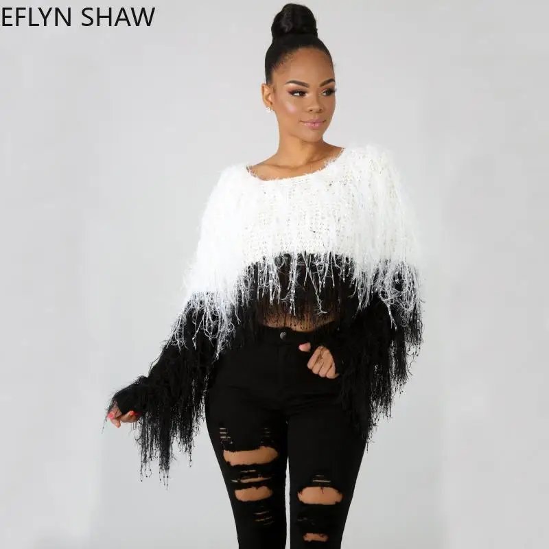 

Female Fuzzy Sweaters New Fashion Ladies Furry Sweaters Loose Tassel Knit Jacket Short Black White Color Knitted Sweters