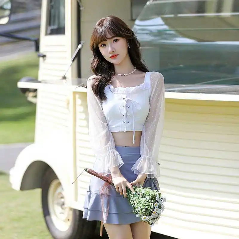 

Bikini Sets Women Summer Swimwear Square Collar High Waist Dot Lace-up Wood-ear Pleated Sweet Safety Mori Girls Style New Chic