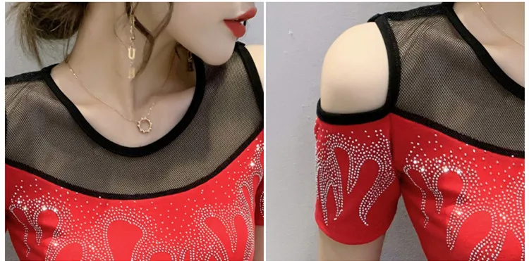 

Summer European Clothes T-Shirt Chic Off Shoulder Shiny Diamonds Spliced Women Tops Sexy Back Short Sleeve Tees New 2021 T15216A
