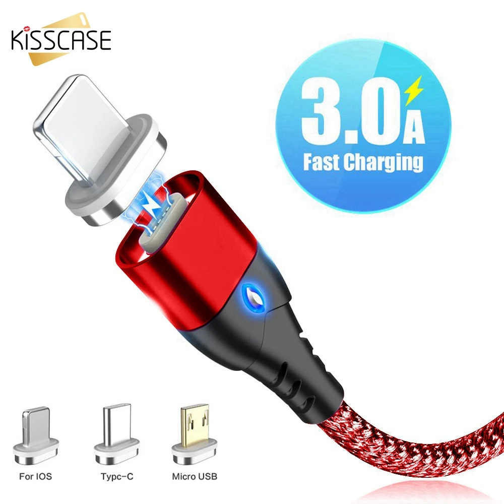 Магнитный USB кабель KISSCASE Micro Type C для iPhone Samsung 1 м 3 А светодиодный usb быстрой зарядки