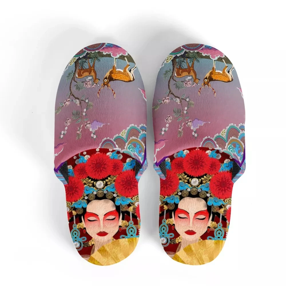 

WHEREISART 2021 Женские зимние домашние тапки; Модные спальня домашняя обувь; Обувь для влюбленных пар; 3D китайской оперы принт дропшиппинг