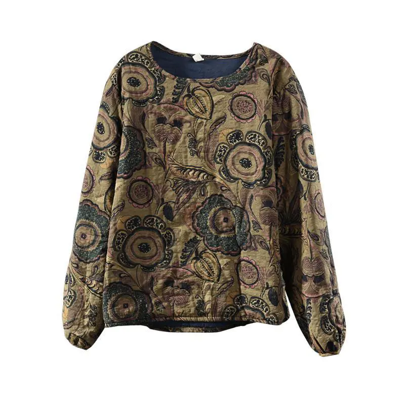 

New Autumn Winter Art Style Women Coat O-neck Pullover Quilted Vintage Print Tops Female Thin Cotton Warm Basic Jackets