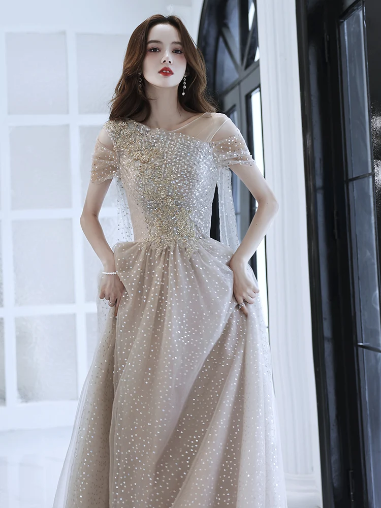 

Elegant Princess Evening Dress Round Neck Sequined Floor-Length Birthday Party Gown Women A-Line Slim Catwalk Performance Dress