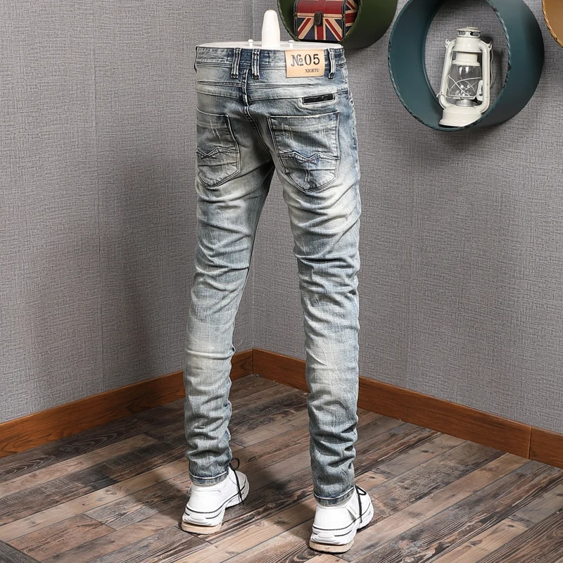 Summer Men's Light Blue Ripped Jeans Vintage Casual Cotton Stretch Slim Fit Denim Pants