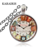karairis vintage glass owl watch pocket clock cabochon necklace pendant fashion jewelry man women handmade craft diy necklaces