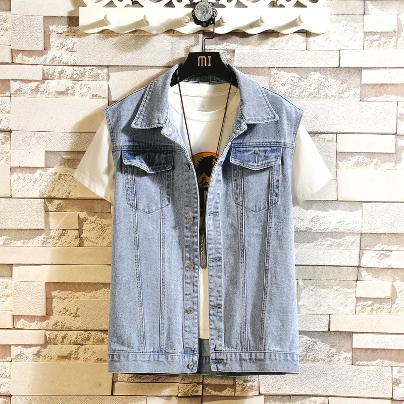 

Autumn denim vest plus size men tooling sleeveless Ripped Waistcoat outer wear casual fashion trend solid color Jeans Jacket