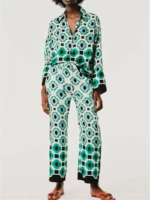 2021 spring women pants green geometric print wide leg casual high waist straight streetwear trousers for female