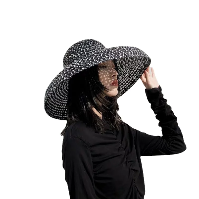 

Retro Round Top Big Straw Hat Ladies Sun Hats Travel Holiday Visor Hats Vintage Women Beach Hat Black and White Wholesale