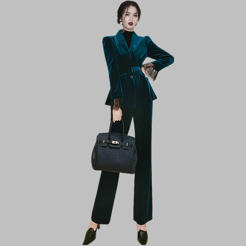 

JSXDHK Elegant Women Velvet Pants Suits Vintage Autumn Winter Notched Lace Flare Sleeve Blazers Coat + Bell-Bottoms Pants Sets