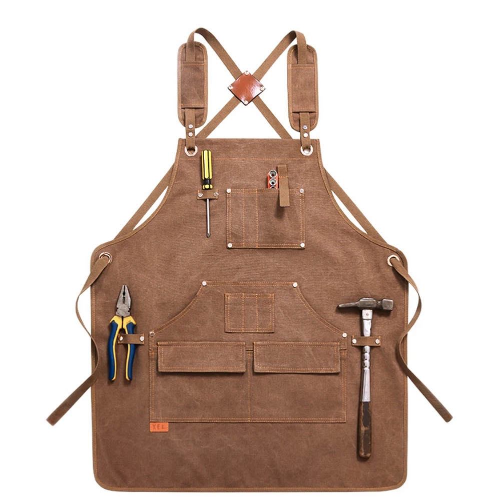 

Durable Apron Goods Heavy Duty Unisex Canvas Work Apron with Tool Pockets Cross-Back Straps Adjustable For Woodworking Painting