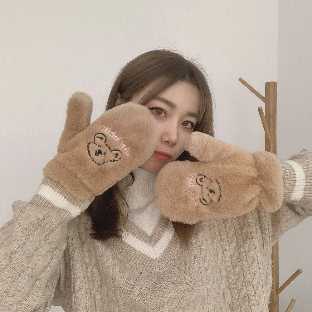 

Women Winter Warm Cartoon Bear Plush Gloves Korean Full Fingers Mittens Girls Birthday Christmas Valentine's Day Gifts