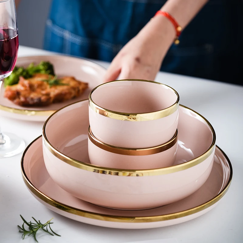 Розовый фарфоровый посуда обеденные тарелки посуды Северное золото инкрустация
