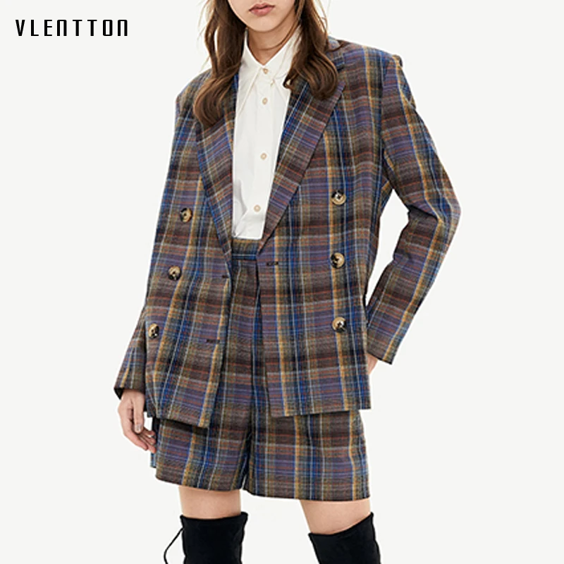 Комплект из двух предметов Женский винтажный офисный пиджак в клетку пальто и