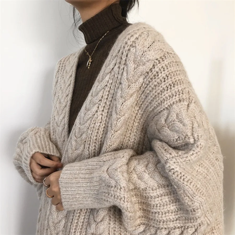 

Long WOMEN'S Sweater 2020 Korean-style Knitted Cardigan Vintage Fashion Simple Autumn & Winter Thick Loose Linen Flower Color