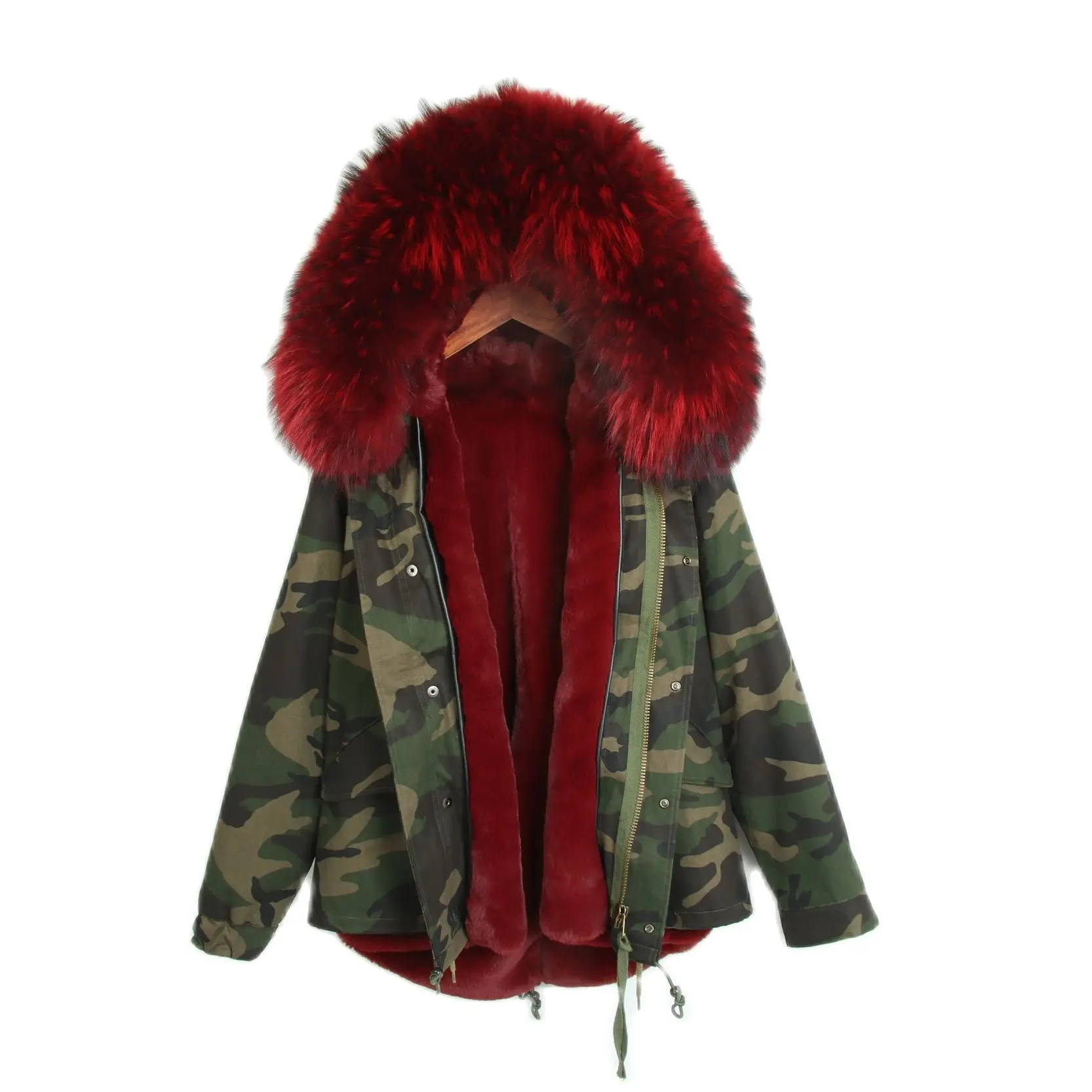 Новая дизайнерская камуфляжная короткая парка винно-красное пальто с подкладкой