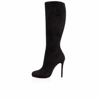 black high heels knee high boots womens winter velvet boots round toe thin heels platform boots
